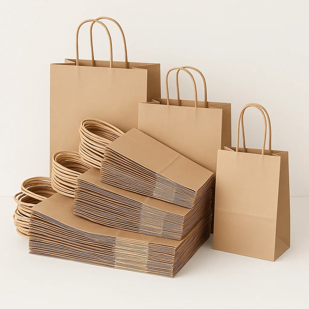 Gestapelte große Kraftpapiersäcke mit gedrehten Griffen für Lebensmittelverpackungen, den Einzelhandel und den Take-away-Service.