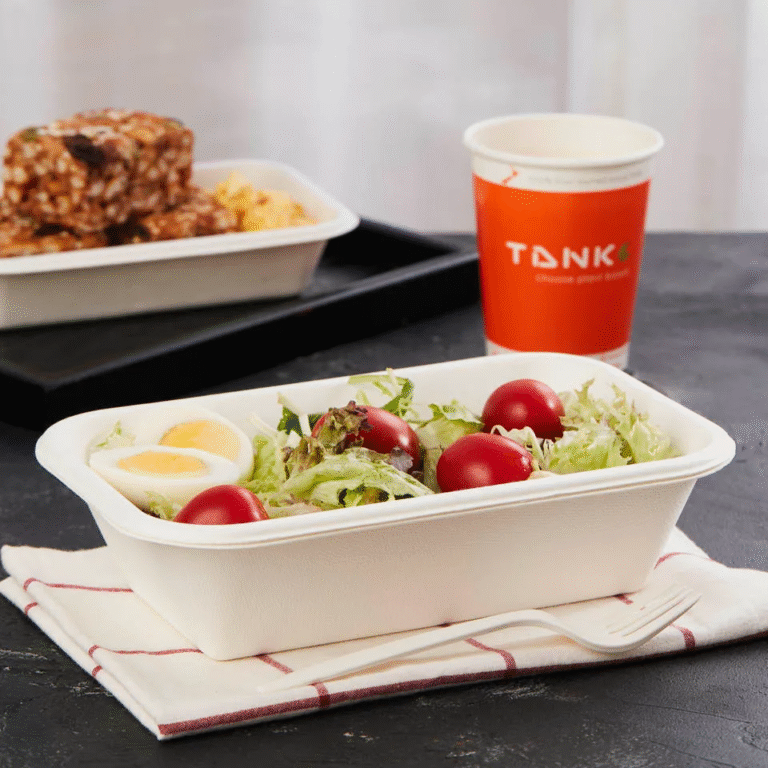 Kompostierbare Produktschale mit frischem Salat und Bagasse-Geschirr