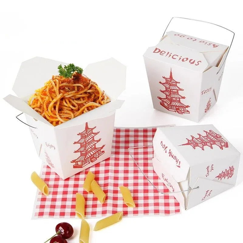 Paper noodle boxes for Asian food, featuring white takeout containers with red pagoda printing filled with noodles.