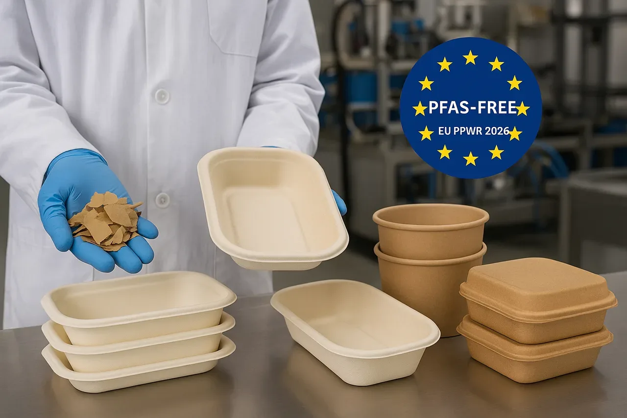 Un científico sostiene envases de bagazo para llevar sin PFAS durante unas pruebas de laboratorio, en las que se muestran envases de fibra de caña de azúcar conformes con la directiva PPWR 2026 de la UE y bandejas y cuencos compostables sostenibles para alimentos.