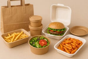 Embalagem alimentar PFAS-free feita de bagaço e materiais kraft, incluindo taças de salada, embalagens com tampa articulada e caixas de takeaway, dispostas numa cena limpa 12:9.
