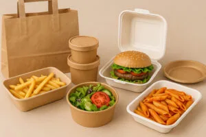 PFAS-free food packaging made from bagasse and kraft materials, including salad bowls, clamshell containers, and takeaway boxes arranged in a clean 12:9 scene.