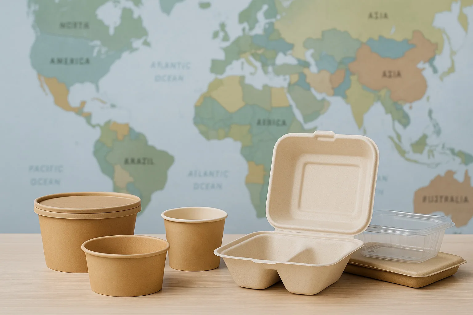 Envases alimentarios de bagazo y kraft sin PFAS expuestos delante de un mapamundi borroso, que representa la normativa mundial sobre PFAS y los requisitos de cumplimiento.