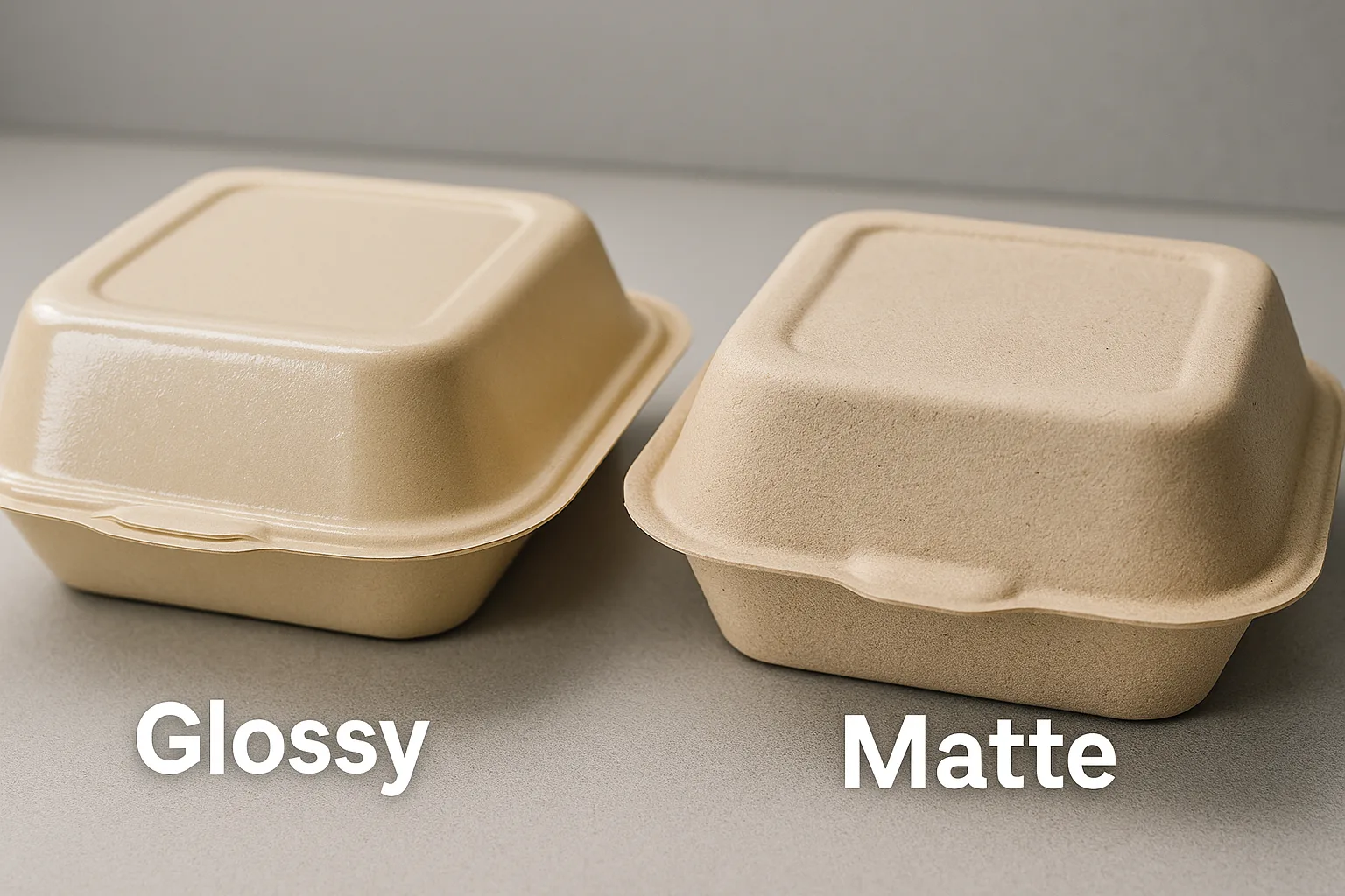 Comparación de dos materiales de envasado de alimentos que muestra un envase brillante recubierto de PFAS a la izquierda y un envase mate de fibra moldeada natural sin PFAS a la derecha.