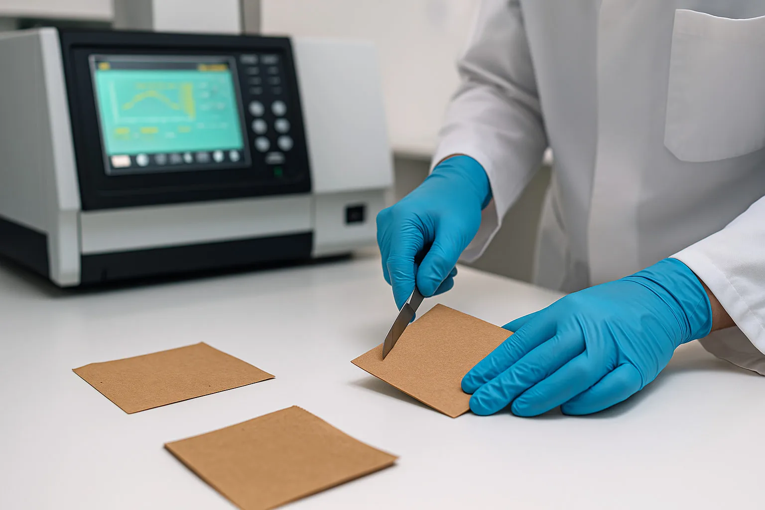 Técnico de laboratorio cortando muestras de papel kraft para el cribado TOF de PFAS junto a un moderno analizador, demostrando el flujo de trabajo de las pruebas de envases sin PFAS.