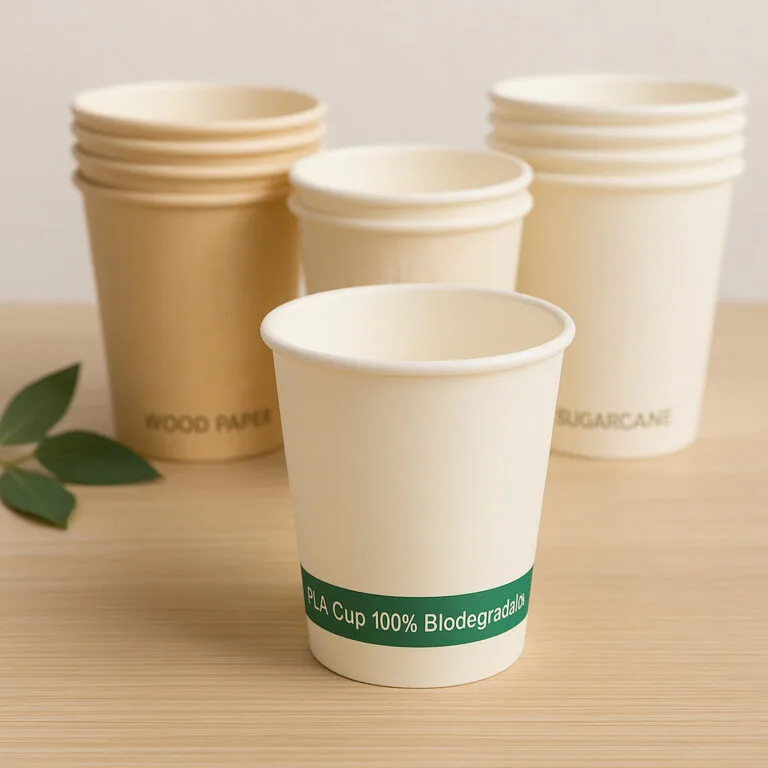 Copo de papel compostável revestido a PLA com uma faixa verde onde se lê "Copo PLA 100% Biodegradável", apresentado com opções de copos de papel de madeira, bambu e cana-de-açúcar.