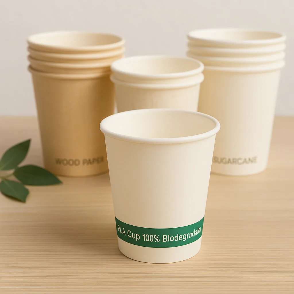 PLA-beschichteter kompostierbarer Papierbecher mit grüner Banderole und der Aufschrift "PLA Cup 100% Biodegradable", der zusammen mit Papierbechern aus Holz, Bambus und Zuckerrohr angeboten wird.