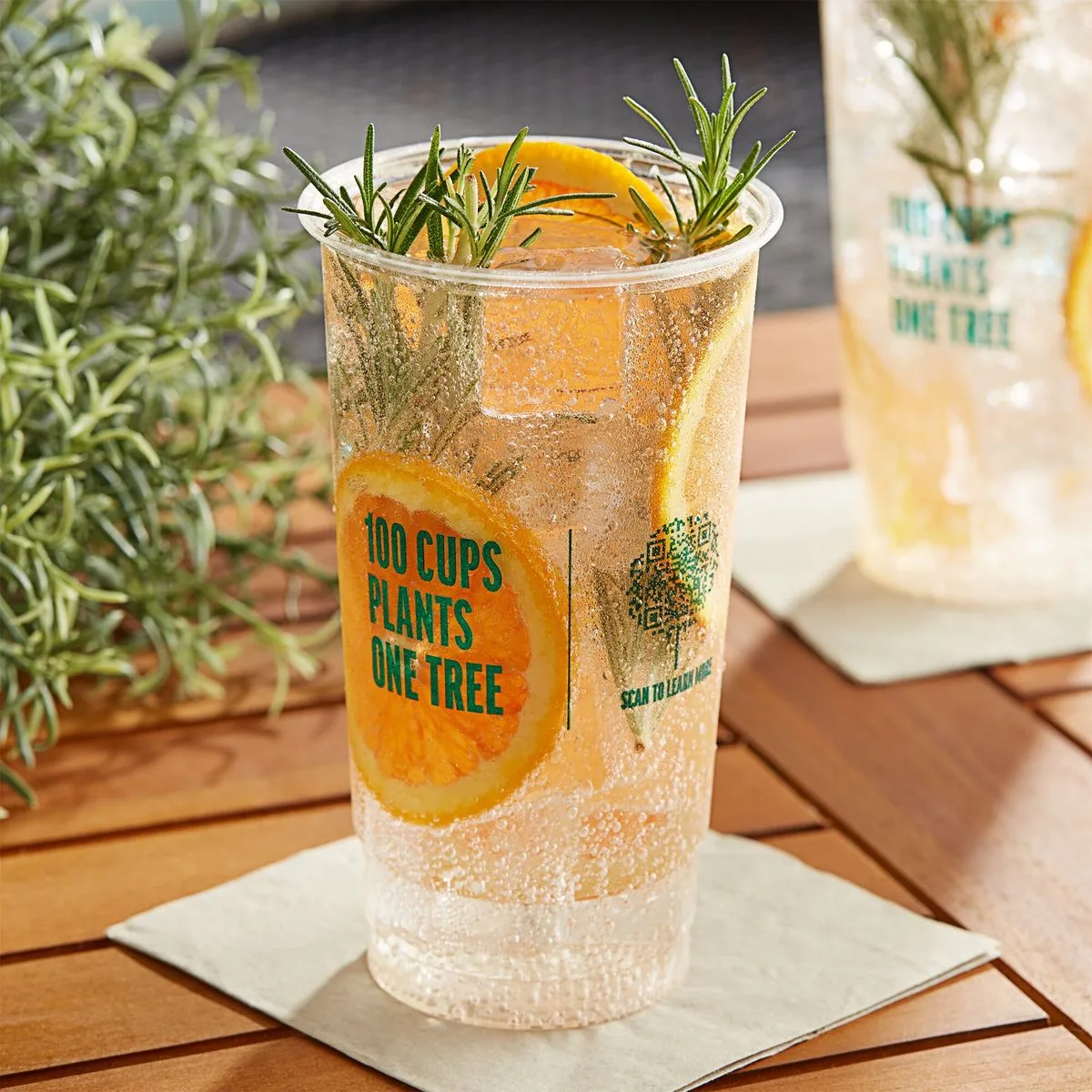 PLA compostable cold drink cup with citrus and ice on a wooden table, demonstrating biodegradable packaging widely used for beverages in GCC markets.
