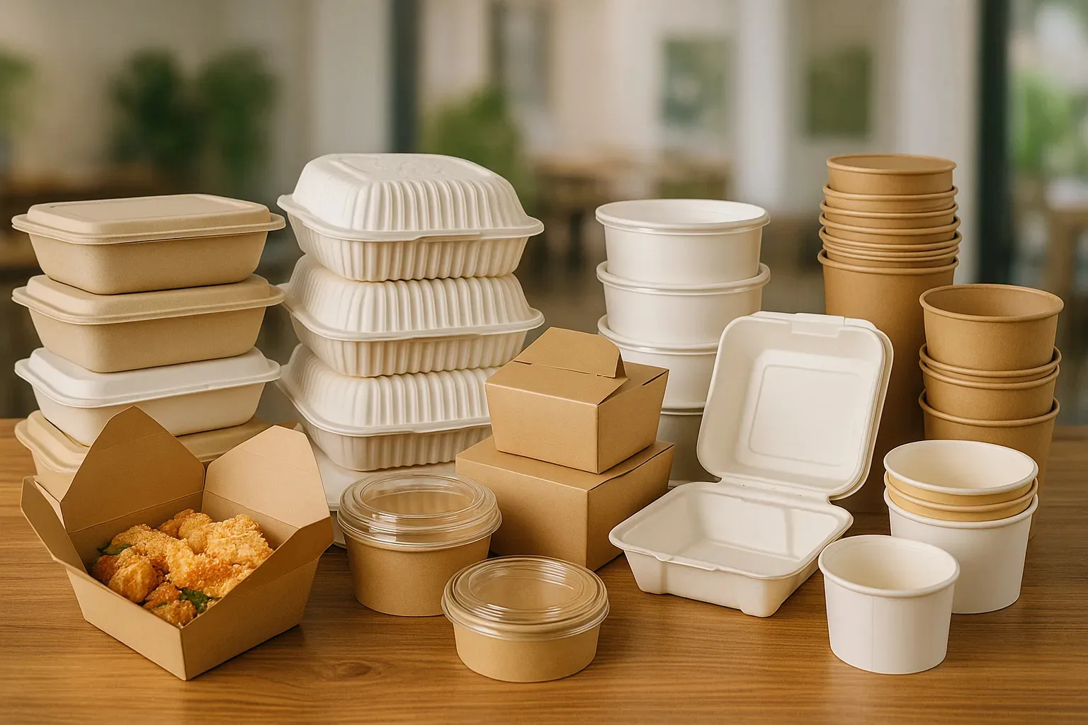 Emballages biodégradables en kraft et bagasse pour les marques d'alimentation saine modernes Une gamme complète d'emballages alimentaires biodégradables, y compris des bols en papier kraft, des contenants en fibre de canne à sucre et des boîtes à emporter compostables, présentée sur une table en bois.
