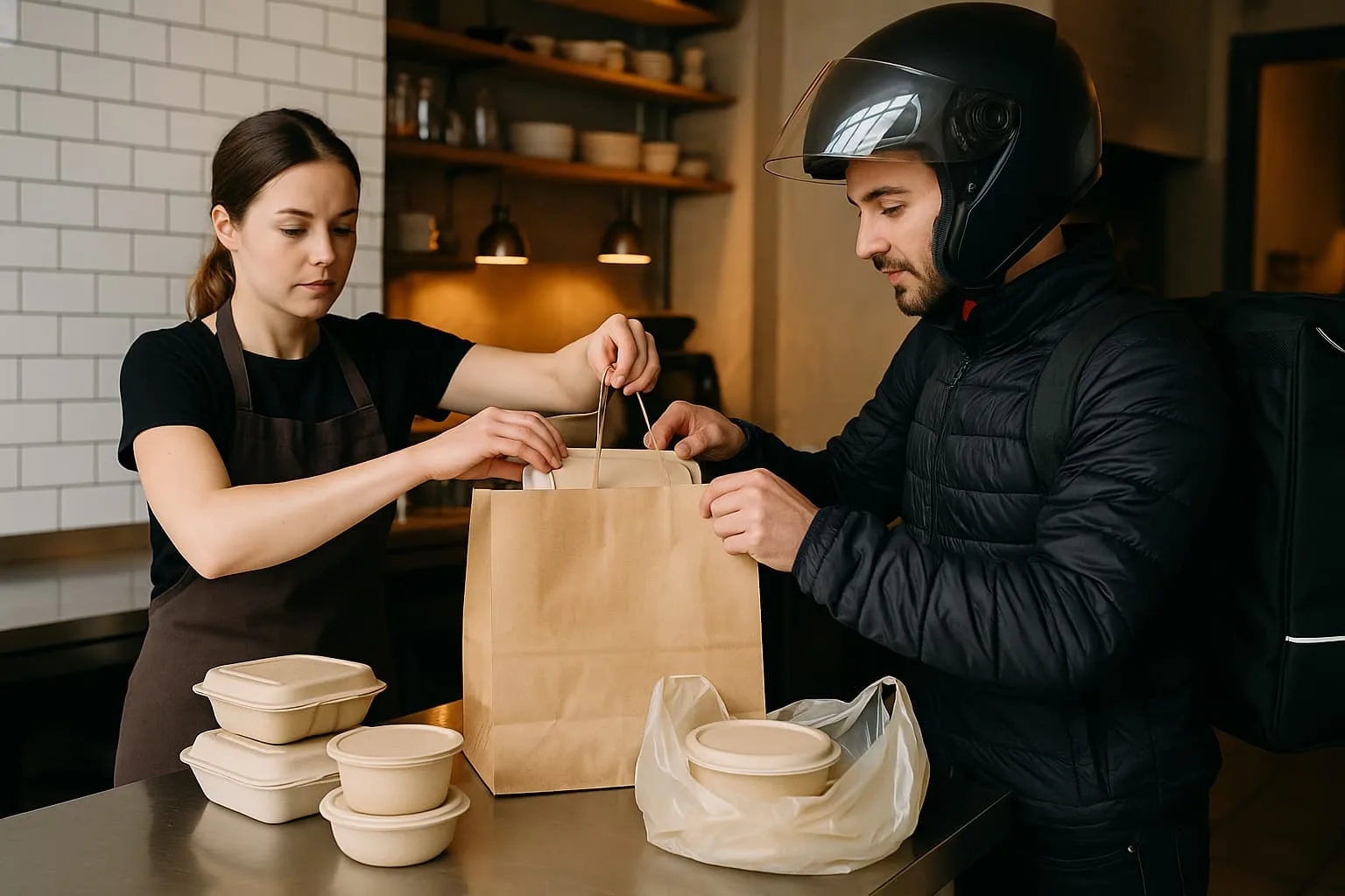Personnel de restaurant préparant des sacs à emporter remplis de contenants alimentaires biodégradables avant la livraison, montrant le flux de travail opérationnel réel.