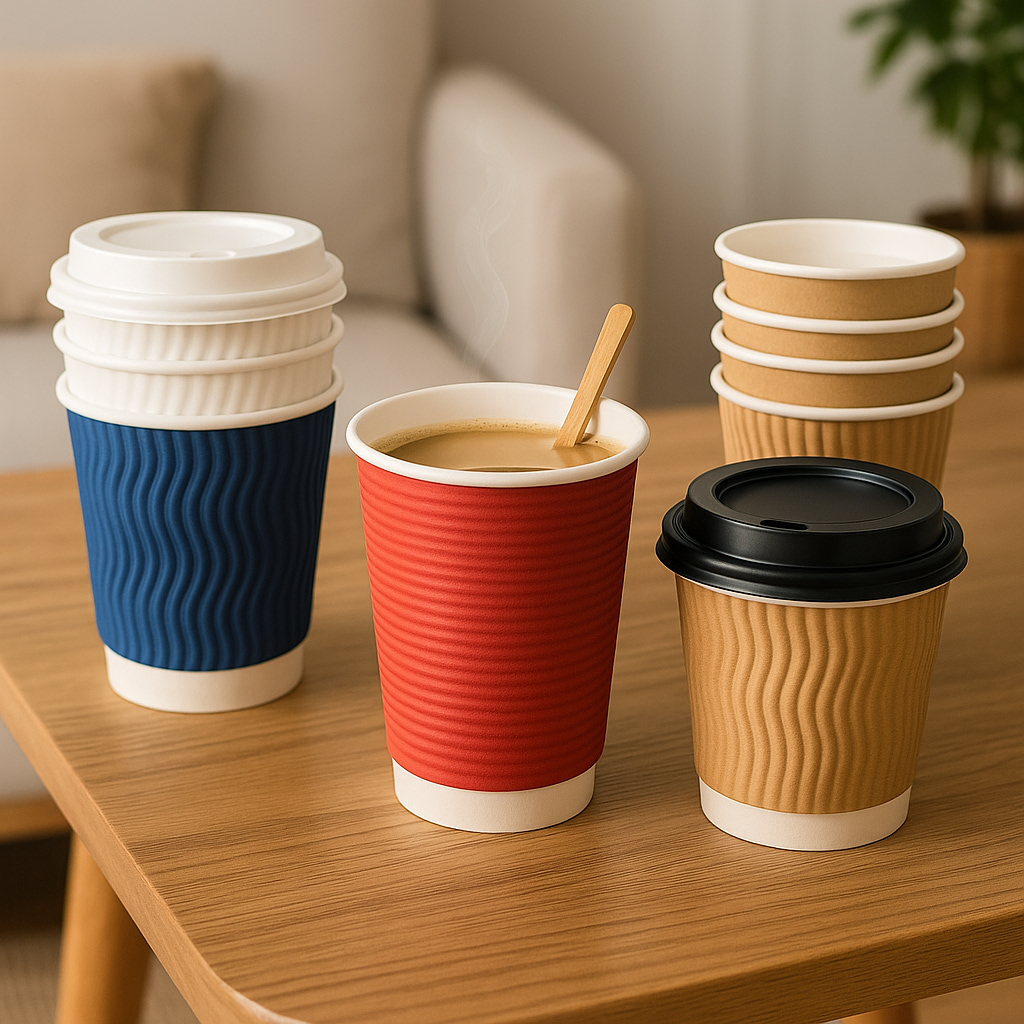 Ripple wall hot paper cups in red, blue, and kraft colors displayed on a wooden table in an indoor setting, designed for coffee to-go and takeaway use.