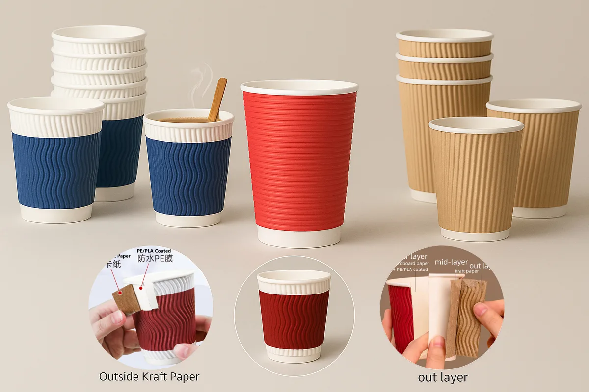 Ripple wall paper cups with triple-layer insulated design in red, blue, and kraft colors, featuring non-slip corrugated outer walls for hot coffee and to-go beverages.