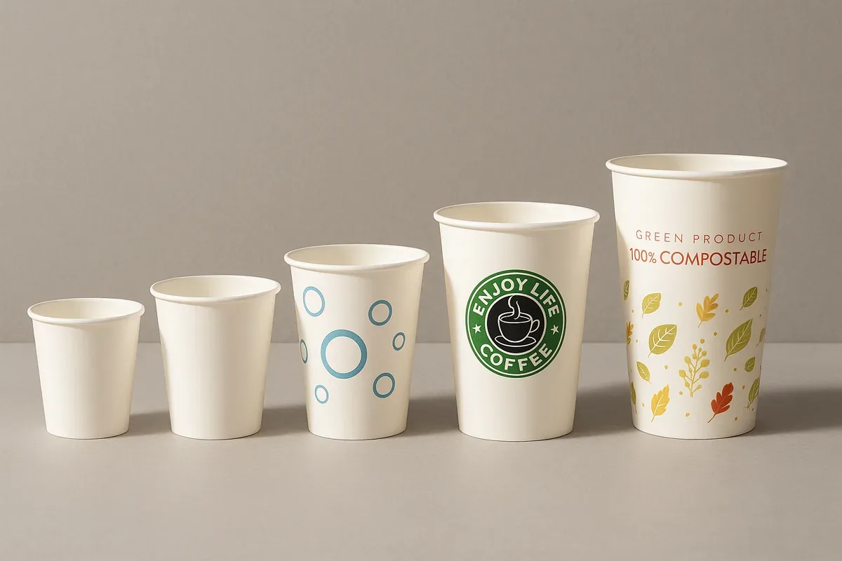 Four small-size disposable paper cups in 4oz, 6oz, and 8oz arranged in a size comparison lineup on a light gray background.