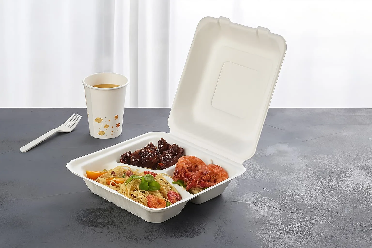 وعاء صدفي من تفل قصب السكر يحمل طعامًا مقليًا دهنيًا في اختبار إجهاد يوضح التعرض للزيت والأداء الهيكلي.