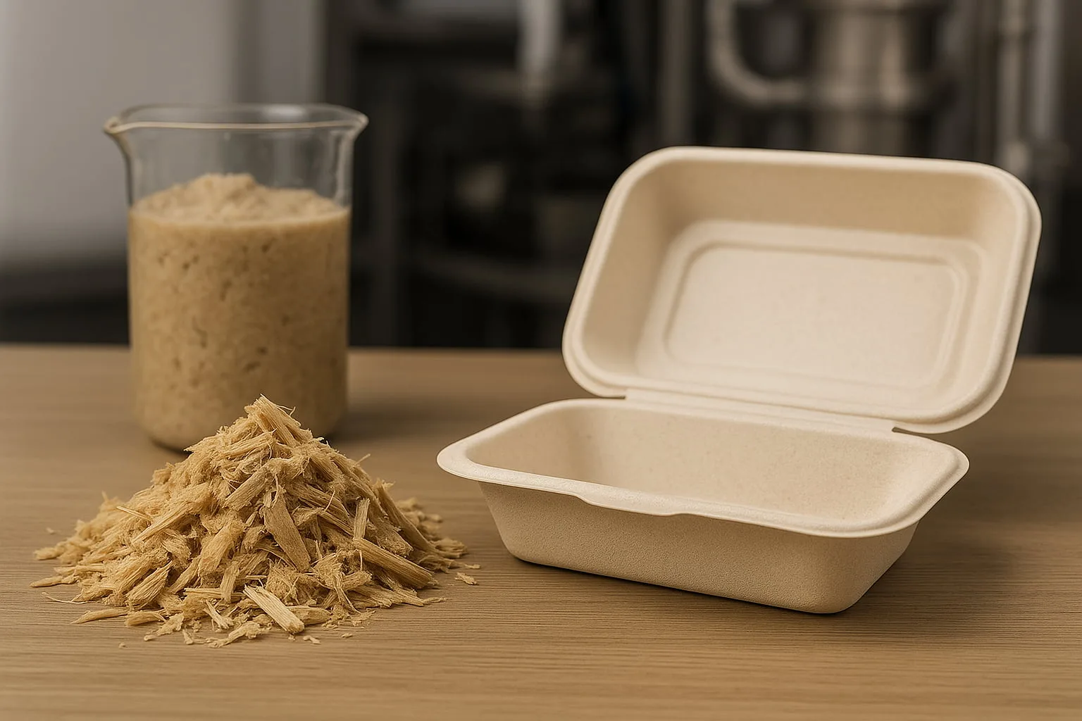 Fibre brute de bagasse de canne à sucre présentée dans un atelier de fabrication ou un laboratoire, illustrant la façon dont les fibres végétales sont transformées en contenants alimentaires compostables.
