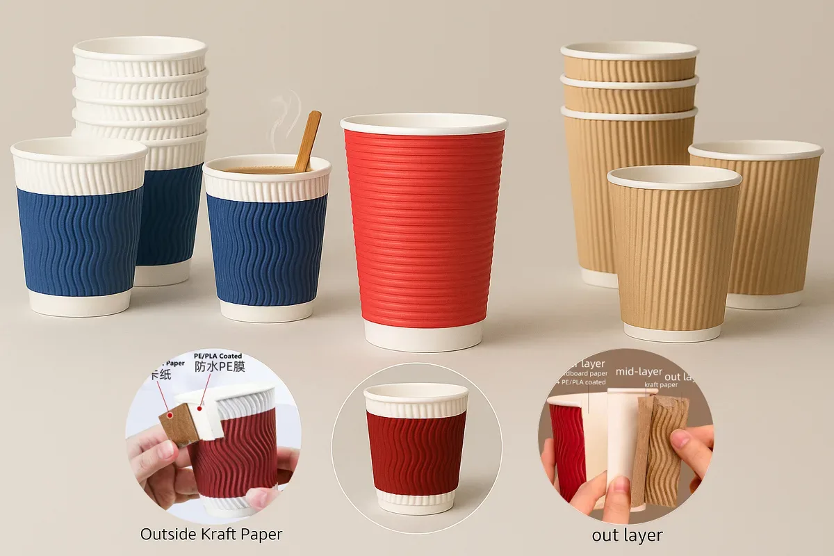 Vasos de papel de pared ondulada recubiertos de PLA de bagazo de caña de azúcar en colores mezclados, adecuados para bebidas frías y calientes, expuestos en un estudio profesional.