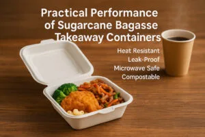 Embalagem aberta para takeaway de bagaço de cana-de-açúcar com comida quente numa mesa, demonstrando o desempenho resistente ao calor e a sustentabilidade da embalagem.