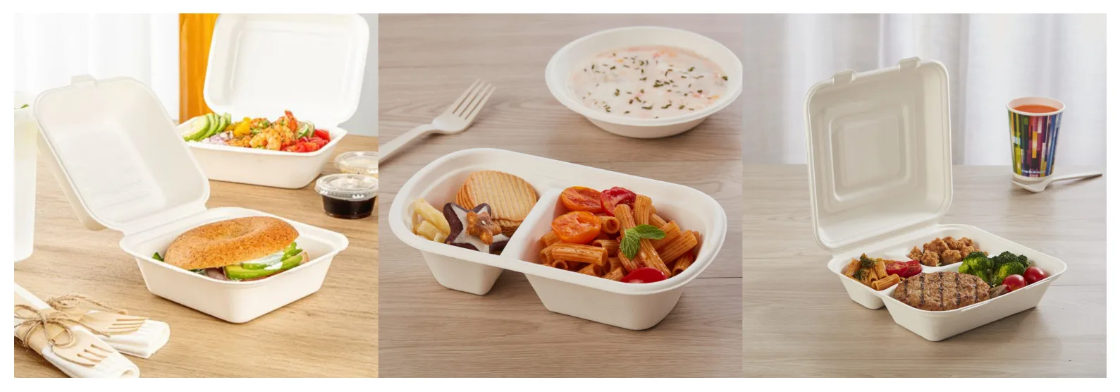 ثلاثة نماذج لحاويات الوجبات الجاهزة المصنوعة من قصب السكر معروضة مع وجبات حقيقية، وتظهر تصميمات علب الوجبات الجاهزة من قصب السكر، وصينية المقصورة وصندوق البرجر.