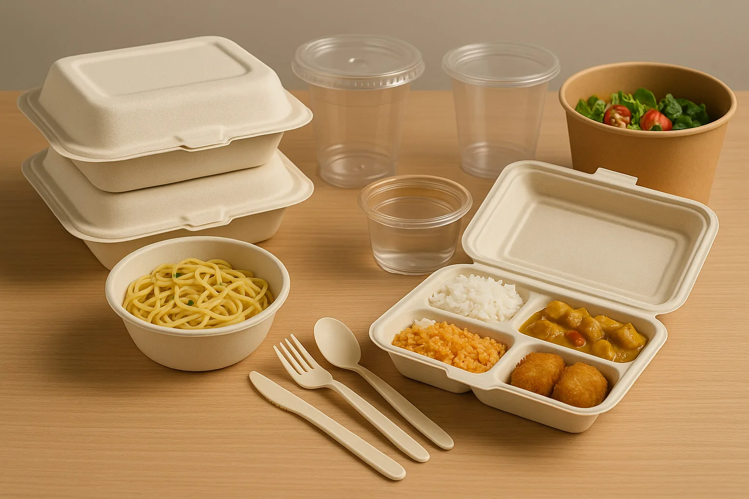 Uma gama completa de contentores de takeaway ecológicos, incluindo conchas de bagaço, marmitas de compartimentos de amido de milho, tigelas de kraft e copos PLA para uma estratégia de embalagem sustentável.