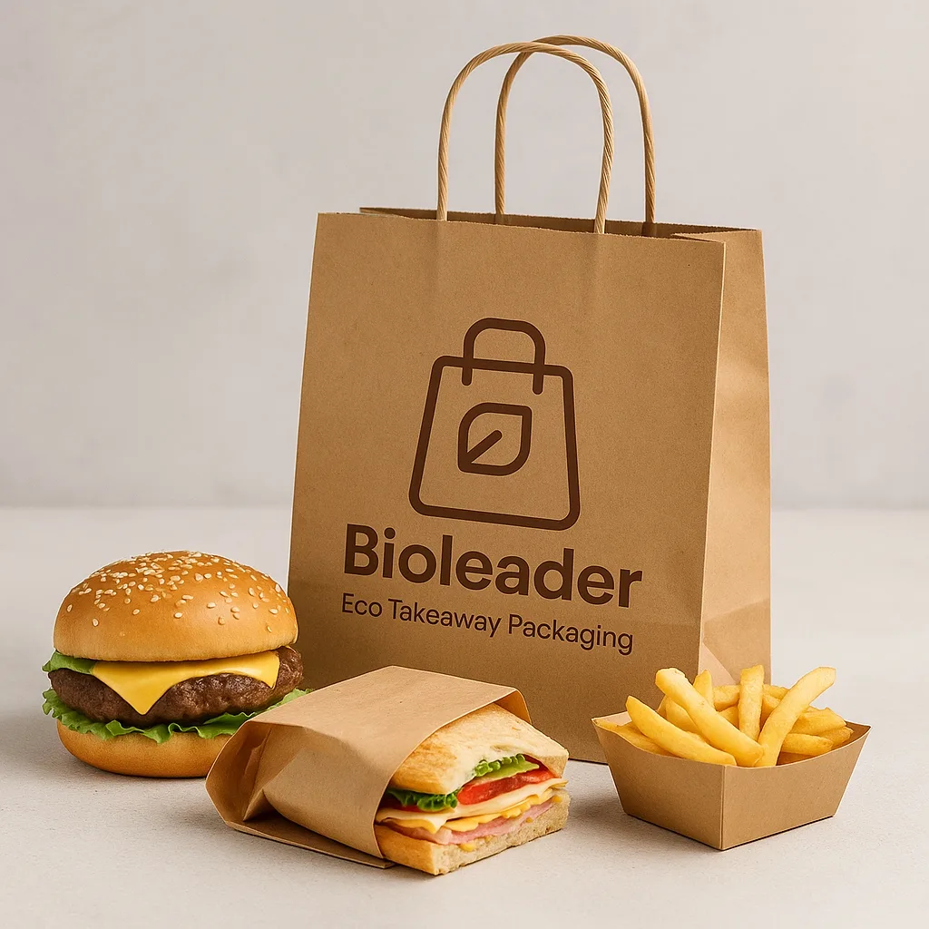 Fettbeständige Papiertüte zum Mitnehmen mit einem Burger, einem Sandwich und Pommes frites für den Lieferservice in Restaurants und den To-Go-Service.