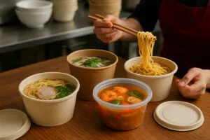 Assorted to-go noodle and soup containers made of bagasse, kraft paper, and plastic displayed in a real restaurant setting.