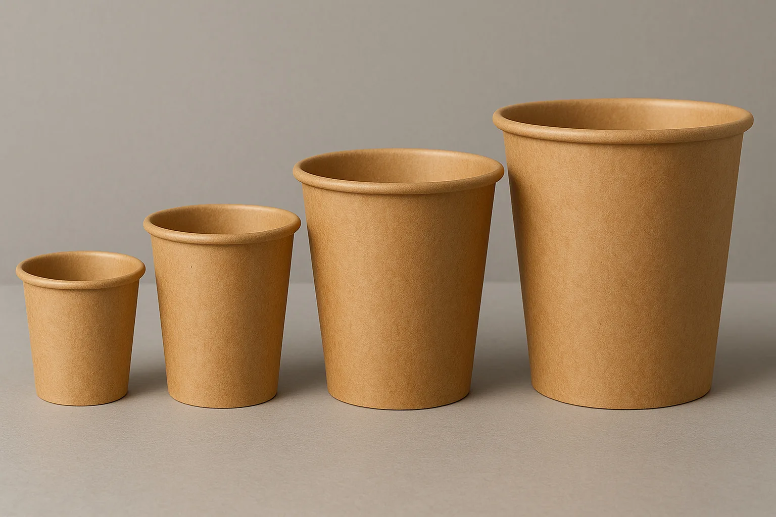 أربعة أكواب من ورق الكرافت غير المطلي بأحجام متعددة مرتبة على خلفية محايدة نظيفة تظهر ملمس الألياف الطبيعية والتصميم الخالي من البلاستيك.