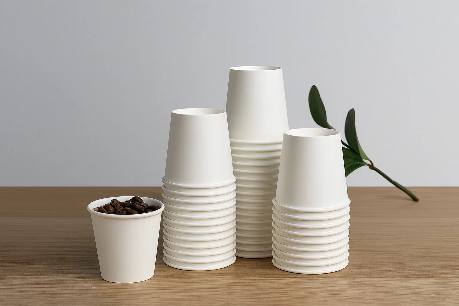 クールな色調の背景に、白い使い捨て紙コップがきれいに積み重ねられたミニマルなラインアップで、シンプルでモダンなドリンクウェアデザインを表現。