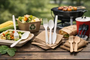 biodegradable cutlery materials comparison including cornstarch, compostable, and wooden cutlery in foodservice use