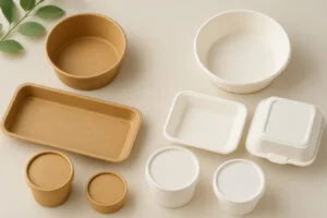 Comparaison côte à côte de contenants alimentaires en papier kraft et blanc, y compris bols, plateaux, tasses à soupe et couvercles, disposés sur un fond neutre pour montrer les différences de matériau et de couleur.