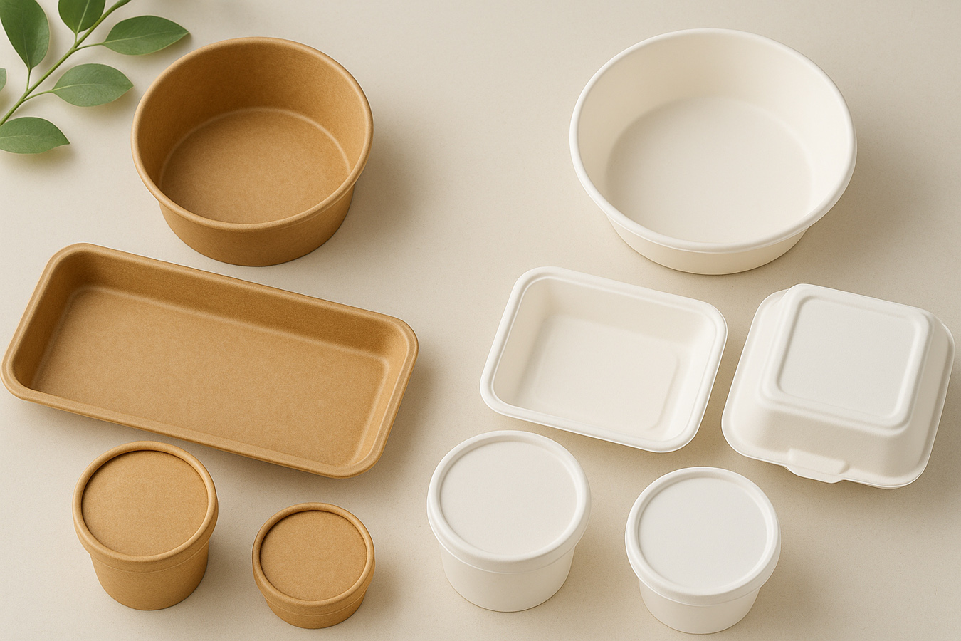 Side-by-side comparison of kraft paper and white paper food packaging containers, including bowls, trays, soup cups, and lids, arranged on a neutral background to show material and color differences.