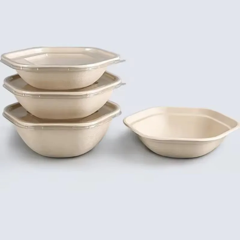 Sugarcane bagasse hexagonal poke bowls with lids in 32oz 42oz and 52oz fiber pulp compostable bowls