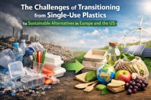 欧州と米国で使い捨てプラスチックを持続可能な代替品に置き換えることの課題を示すデジタル合成画像。プラスチック廃棄物と、堆肥化可能な容器、木製カトラリー、再生可能エネルギーソリューションを対比しています。.