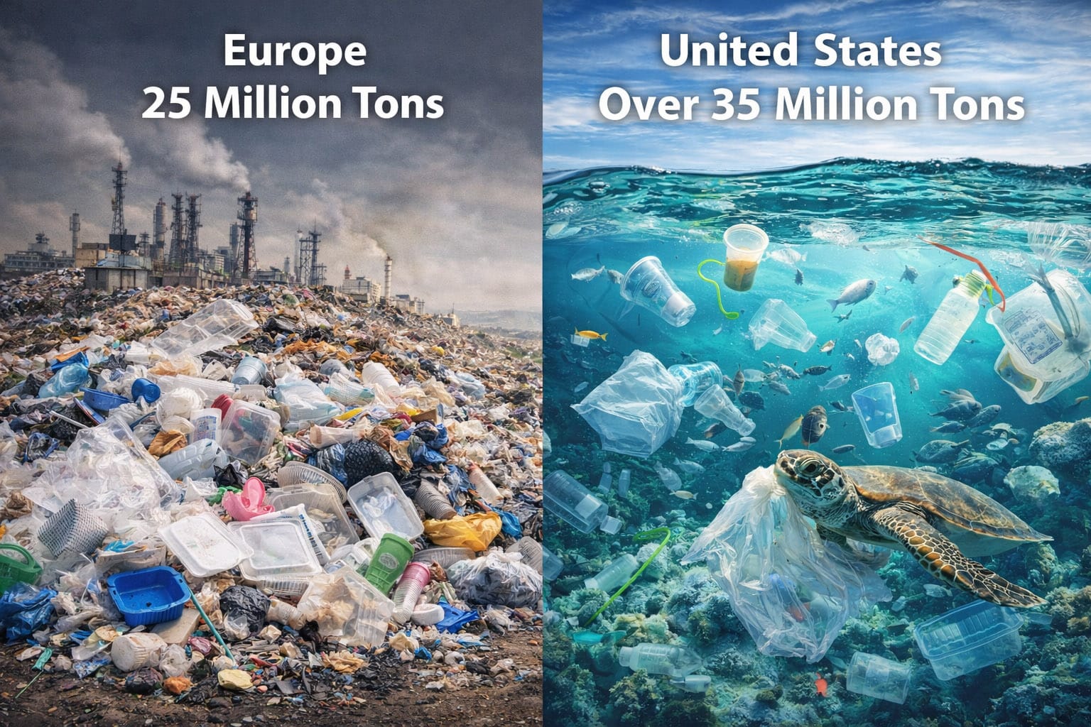 Ein zusammengesetztes Bild zur Veranschaulichung der globalen Plastikkrise. Links: Europas überquellende Mülldeponie mit Plastikmüll, markiert mit "Europe 25 Million Tons". Rechts: Meeresverschmutzung mit schwimmendem Plastik und einer gefangenen Meeresschildkröte, markiert mit "United States Over 35 Million Tons", was die schwindelerregenden Zahlen des Plastikmülls verdeutlicht.