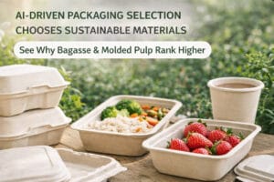 Seleção de embalagens orientada por IA, mostrando recipientes alimentares de bagaço e polpa moldada em uso real de takeaway sustentável