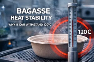 Bagasse bowl holding steaming hot soup demonstrating 120°C heat stability, showing why sugarcane fiber tableware is safe for boiling water and hot food