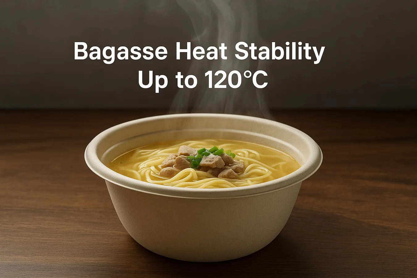 Bol en bagasse rempli de soupe chaude fumante démontrant la résistance à la chaleur de 120°C pour les emballages alimentaires compostables