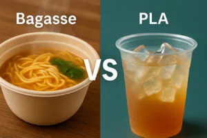 Side-by-side comparison of a hot soup in a bagasse bowl versus an iced drink in a PLA cup, illustrating material differences for compostable packaging