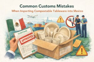 Common customs mistakes when importing compostable tableware into Mexico, showing biodegradable plates, bowls and cups at Mexican customs clearance