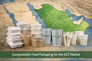 Compostable food packaging including bagasse containers, PLA cups, and CPLA cutlery for the UAE and Saudi Arabia foodservice market