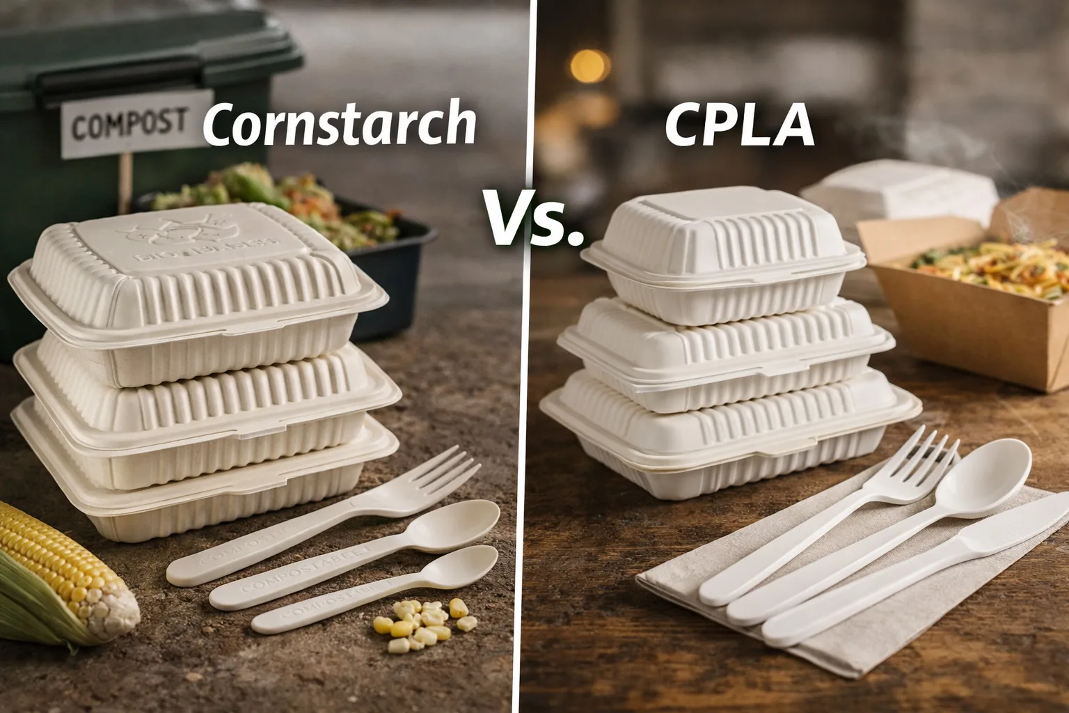 Comparación de envases de almidón de maíz y productos compostables CPLA, mostrando envases de alimentos y cubiertos reales en situaciones de uso práctico.