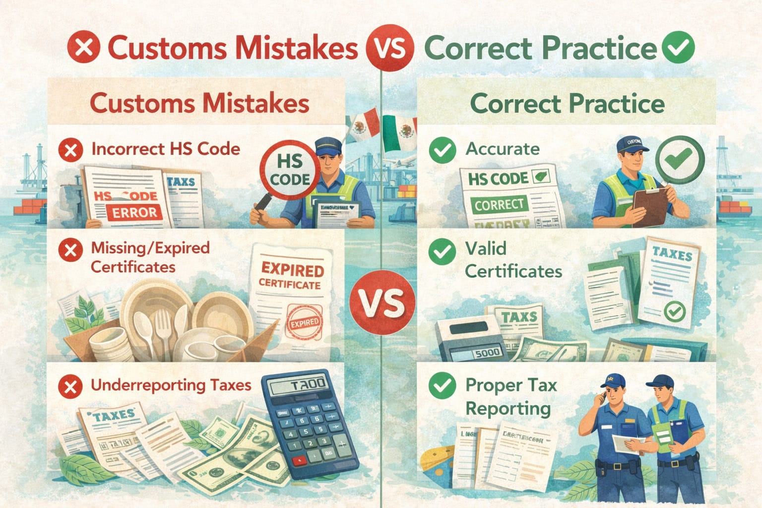 Erros aduaneiros versus práticas corretas na importação de louça de mesa descartável compostável e biodegradável para o México, comparando documentação, códigos SH e etapas de conformidade
