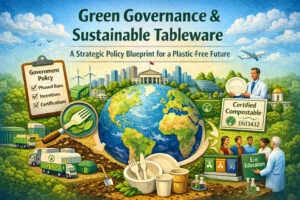 Infographic on Green Governance & Sustainable Tableware, illustrating a strategic policy blueprint for a plastic-free future with key elements like government policies, compostable materials, and eco education. Includes certified compostable tableware, waste management, and circular economy concepts.