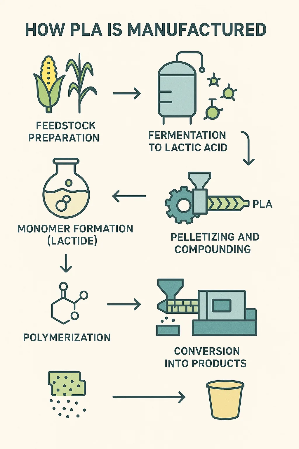 comment le PLA est fabriqué organigramme du processus de production Bioleader Comment PLA est fabriqué : organigramme illustré montrant la préparation des matières premières, la fermentation de l'acide lactique, la formation de lactide, la polymérisation, la granulation et la conversion en produits.