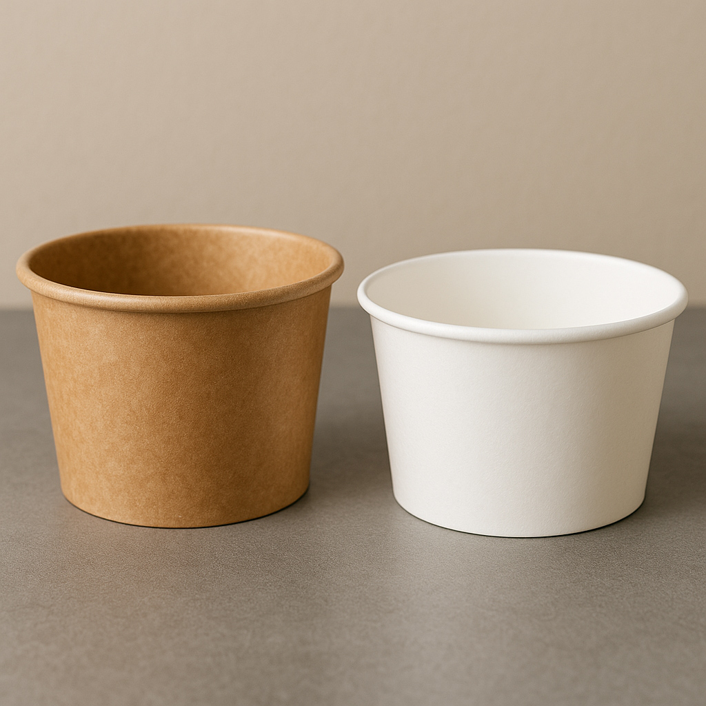 Confronto ravvicinato tra una ciotola di carta kraft e una ciotola di carta bianca su uno sfondo neutro, che evidenzia la differenza di consistenza, colore e finitura del materiale.