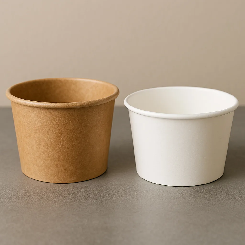 Close-up side-by-side comparison of a kraft paper bowl and a white paper bowl on a neutral background, highlighting the difference in texture, color, and material finish.