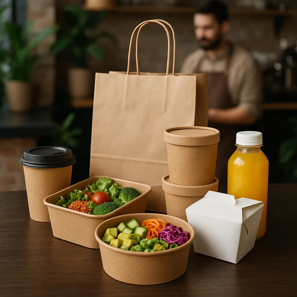 Lifestyle café scene featuring kraft paper takeout containers, salad bowls, soup cups, and a juice bottle displayed on a wooden table, with a barista working in the background.