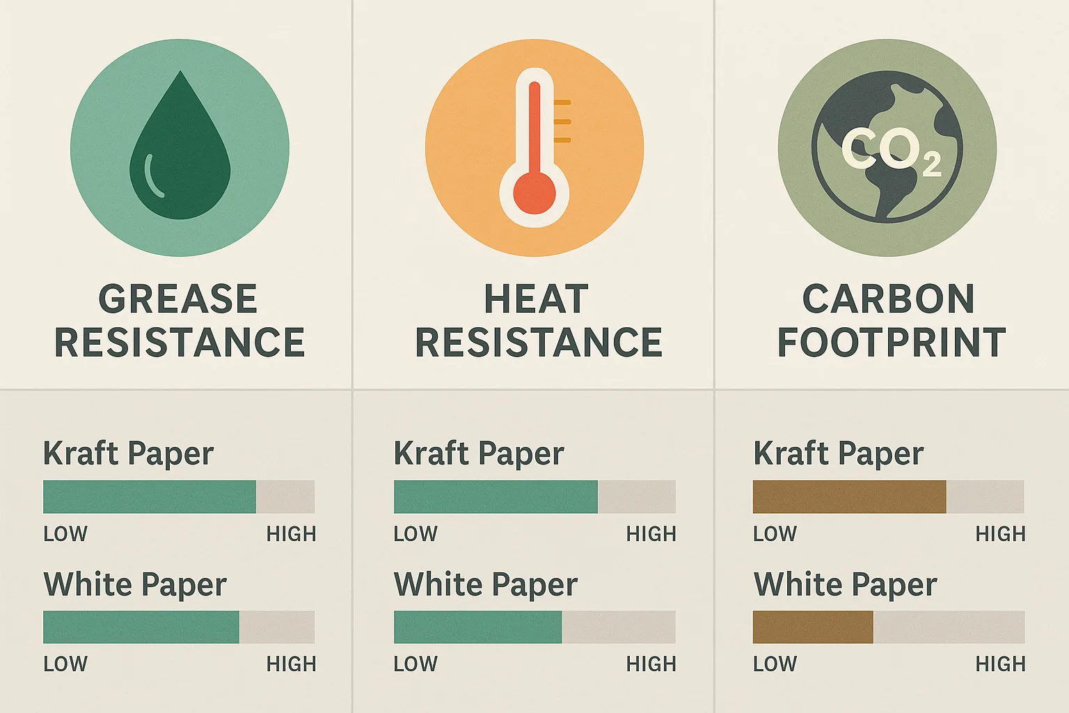 Infographic comparing kraft paper and white paper food packaging across grease resistance, heat resistance, and carbon footprint, displayed with icons and performance bars.