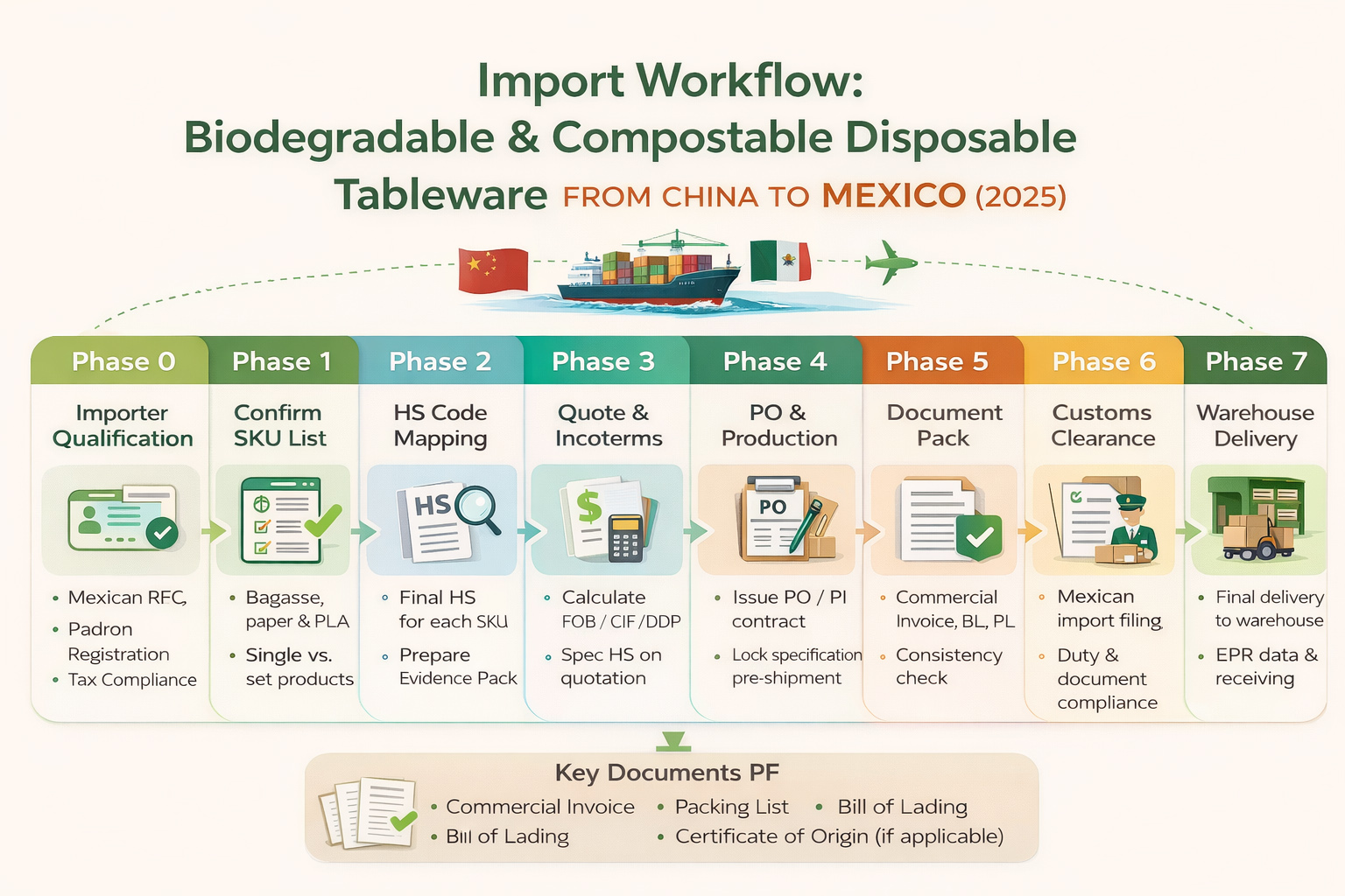中国からメキシコへ生分解性・堆肥化可能な使い捨て食器を輸入する方法（輸入業者資格、HSコード分類、通関、配送を含む）を示すステップ・バイ・ステップのワークフロー図