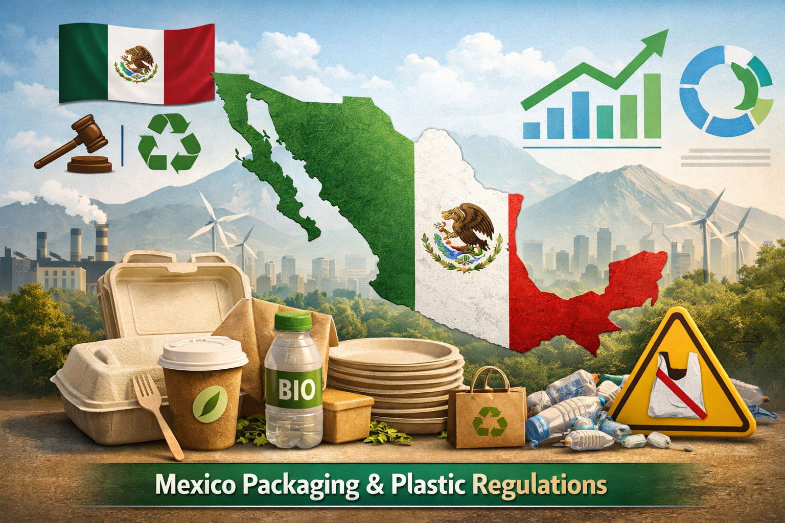 メキシコの包装とプラスチック規制 メキシコの地図、国旗、使い捨てプラスチックに代わる堆肥化可能な食品包装を図解。