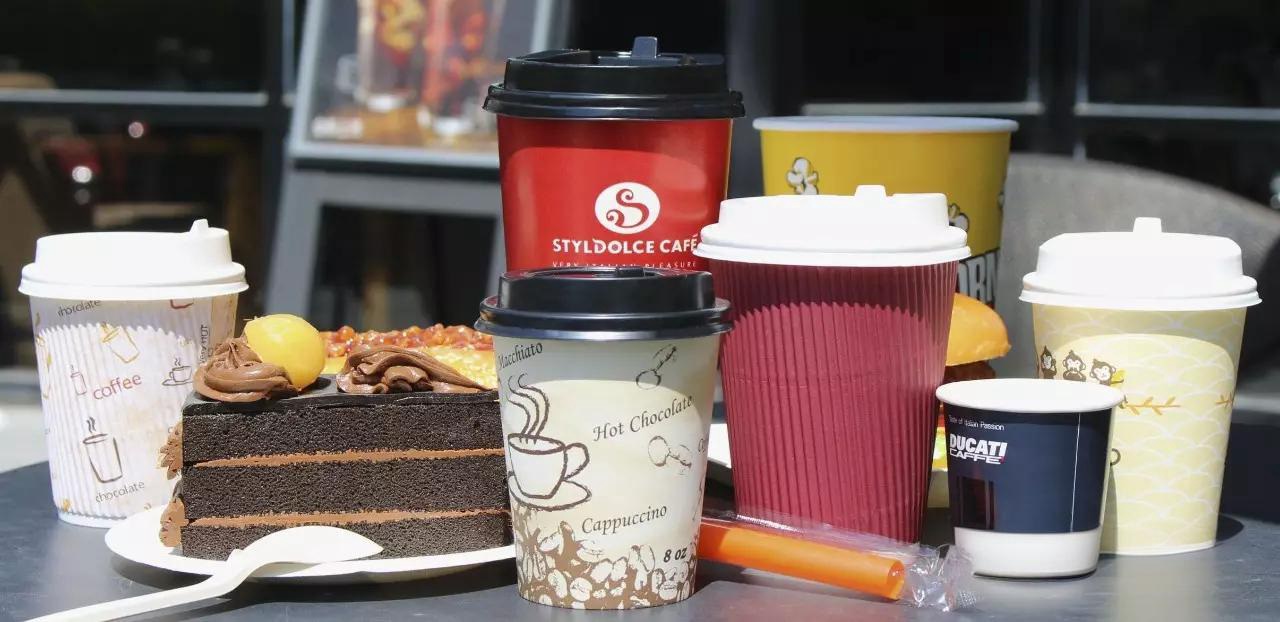 Overview of three main paper cup types: PE-coated, PLA-coated compostable, and water-based plastic-free cups with material comparison.